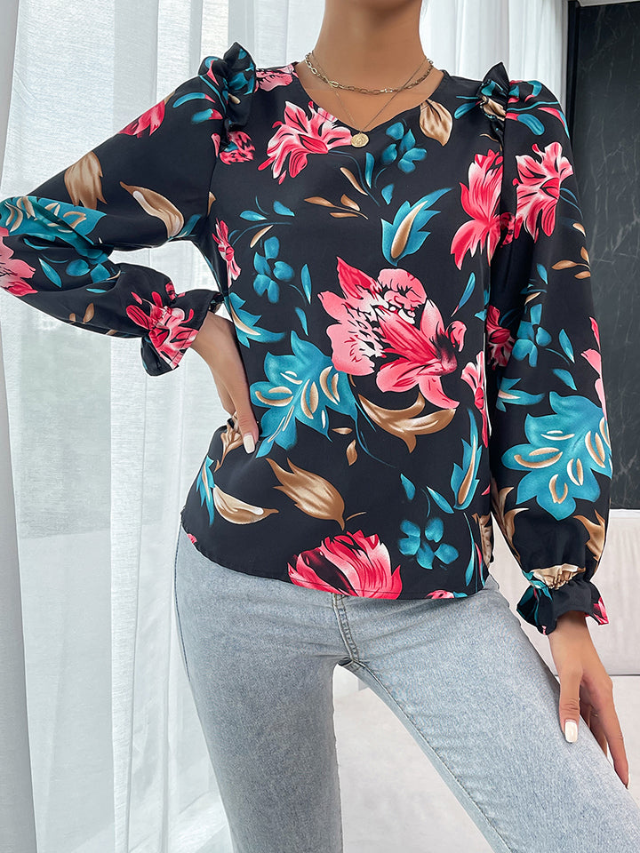 floral ruffle shoulder flounce sleeve blouse