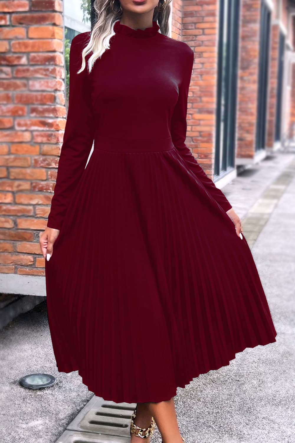 ruffle collar pleated long sleeve dress