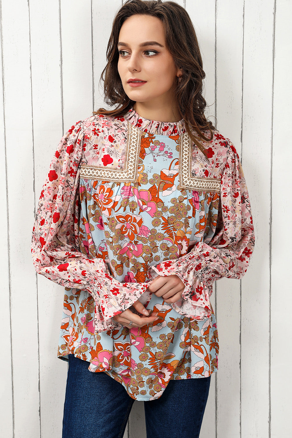 floral print flounce sleeve mock neck blouse