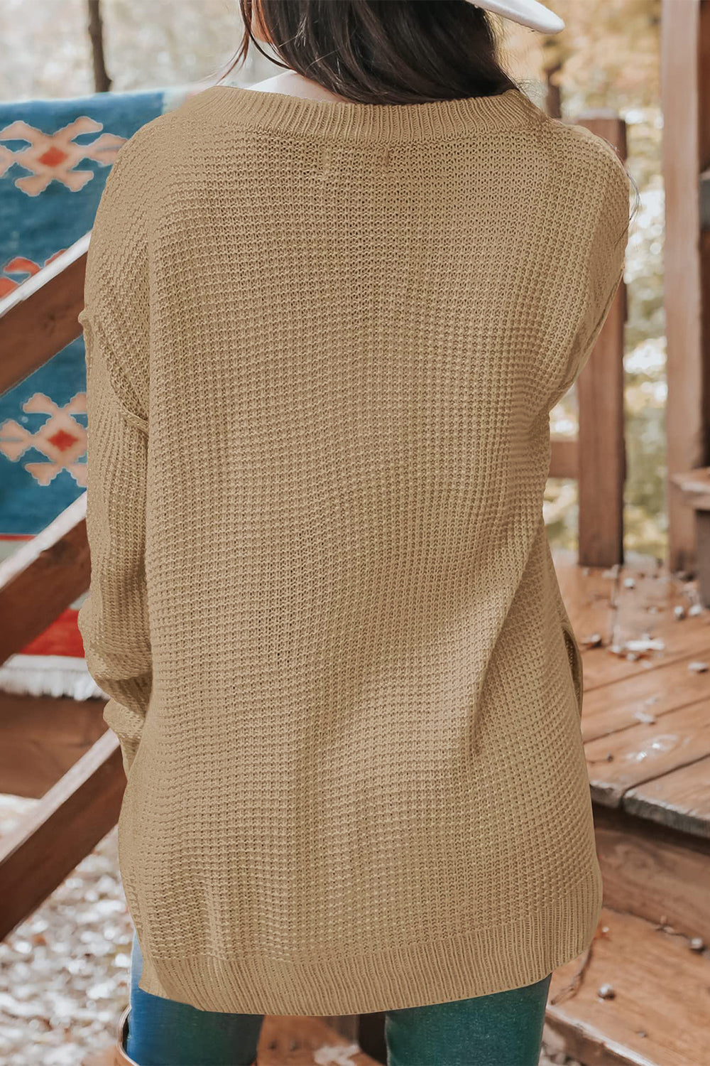 waffle-knit dropped shoulder buttoned sweater