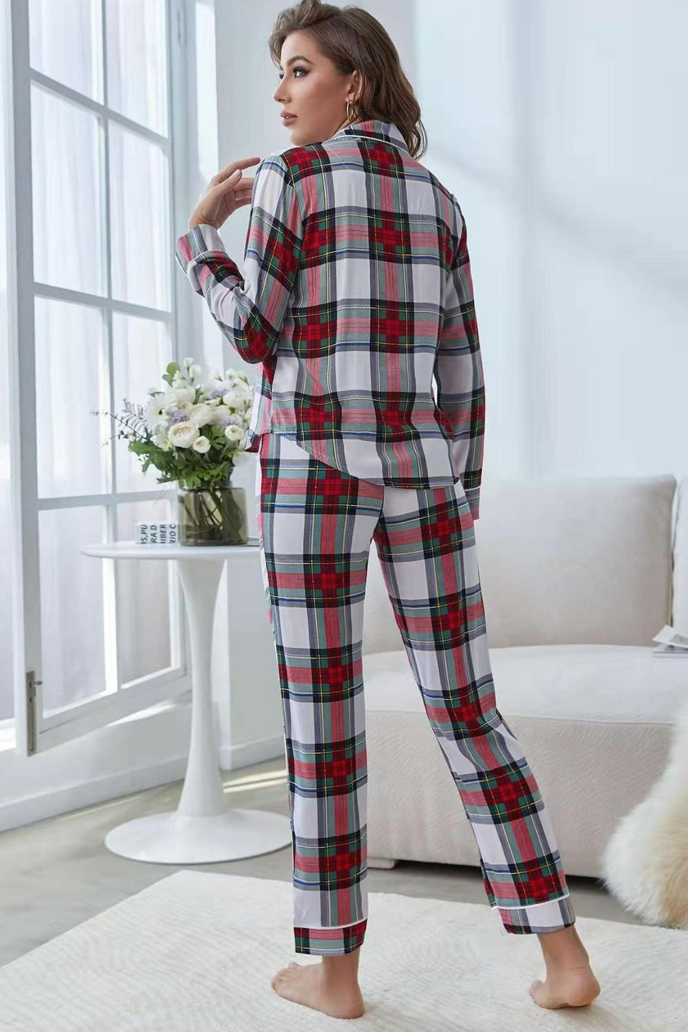 plaid button front top and pants lounge set