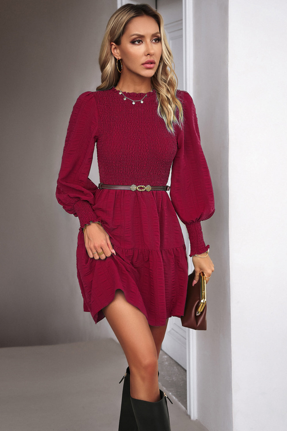 smocked lantern sleeve mini dress