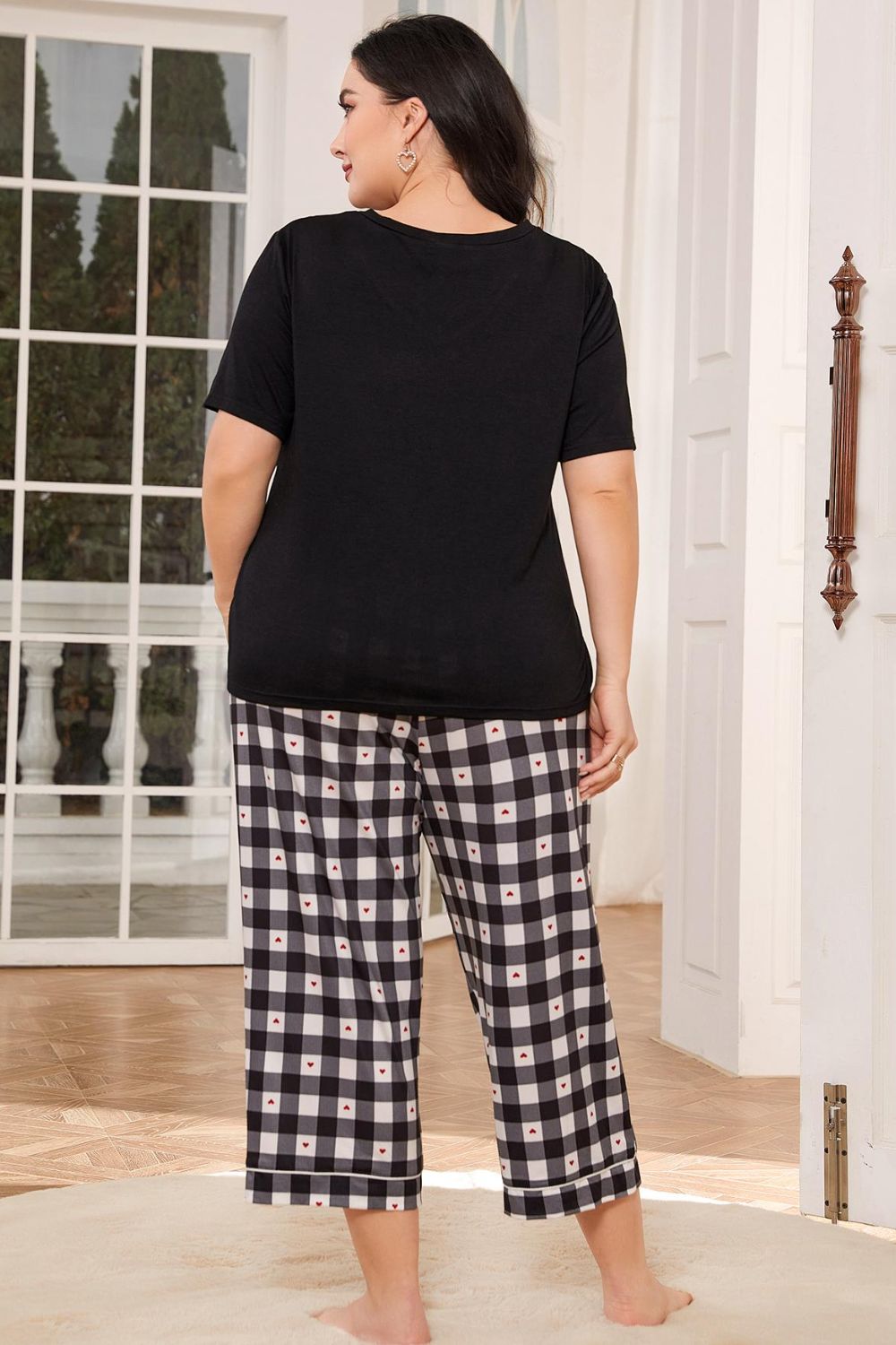 v-neck tee and plaid cropped pants lounge set