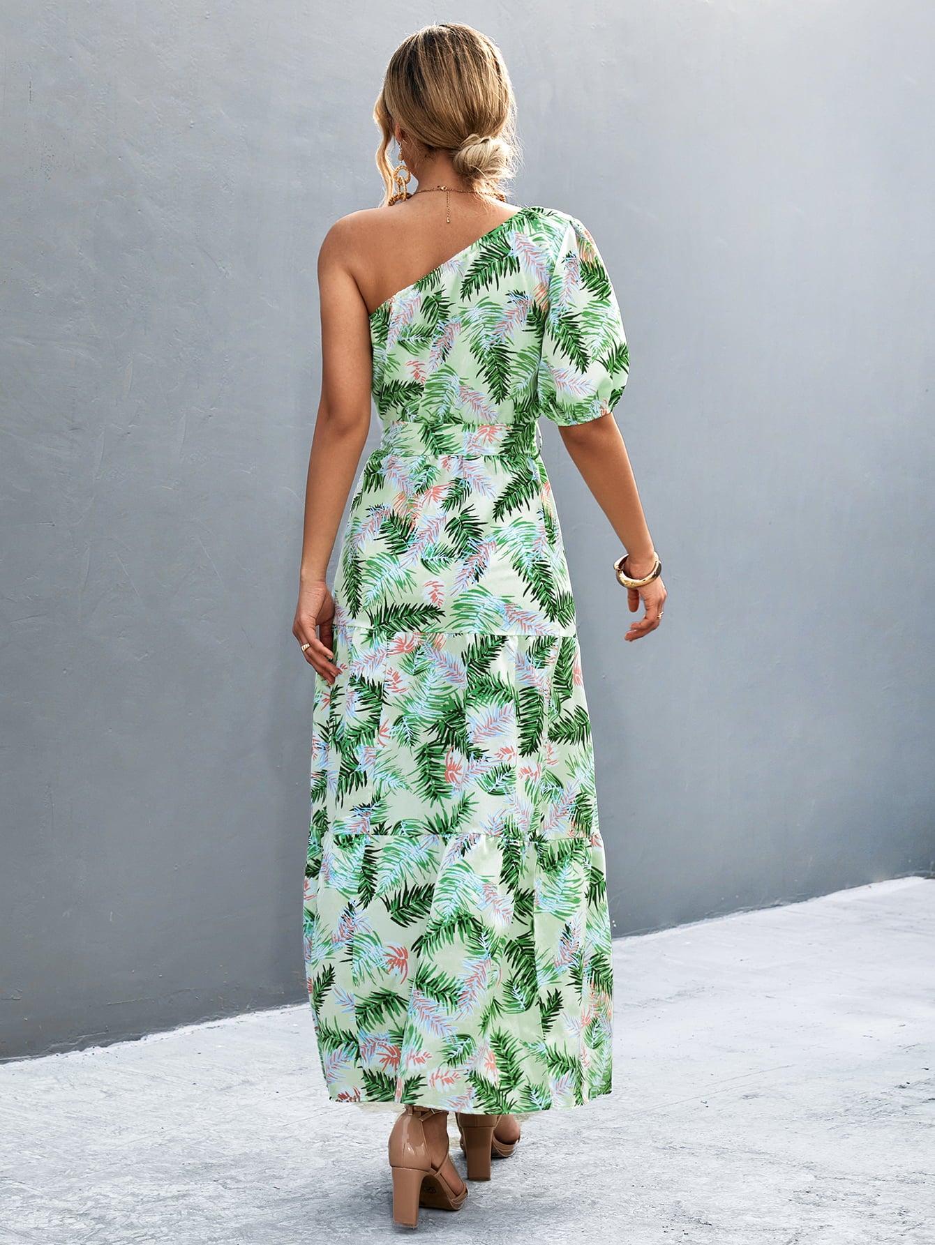 printed tie waist one shoulder maxi dress