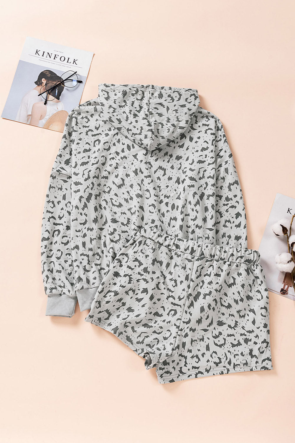 animal print drawstring detail hoodie and shorts lounge set