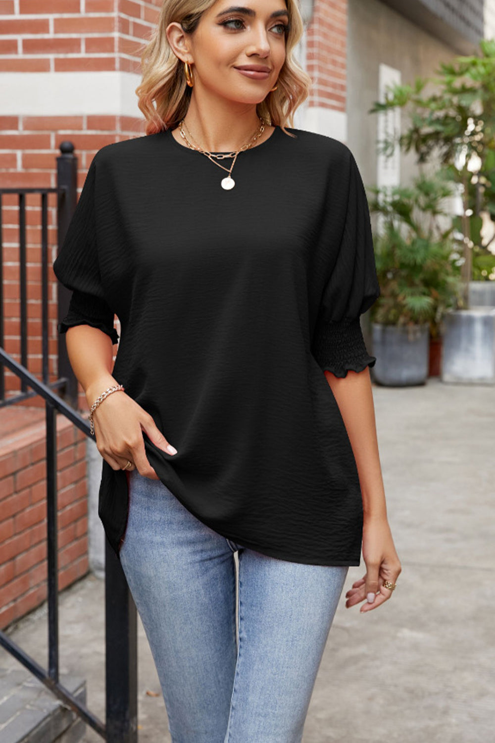 round neck smocked lantern sleeve blouse