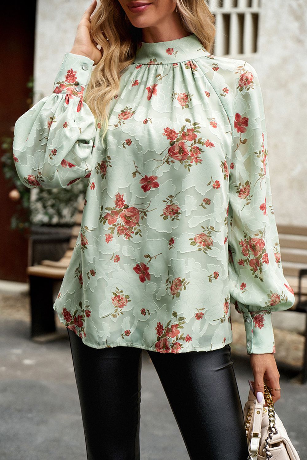 floral print mock neck lantern sleeve blouse