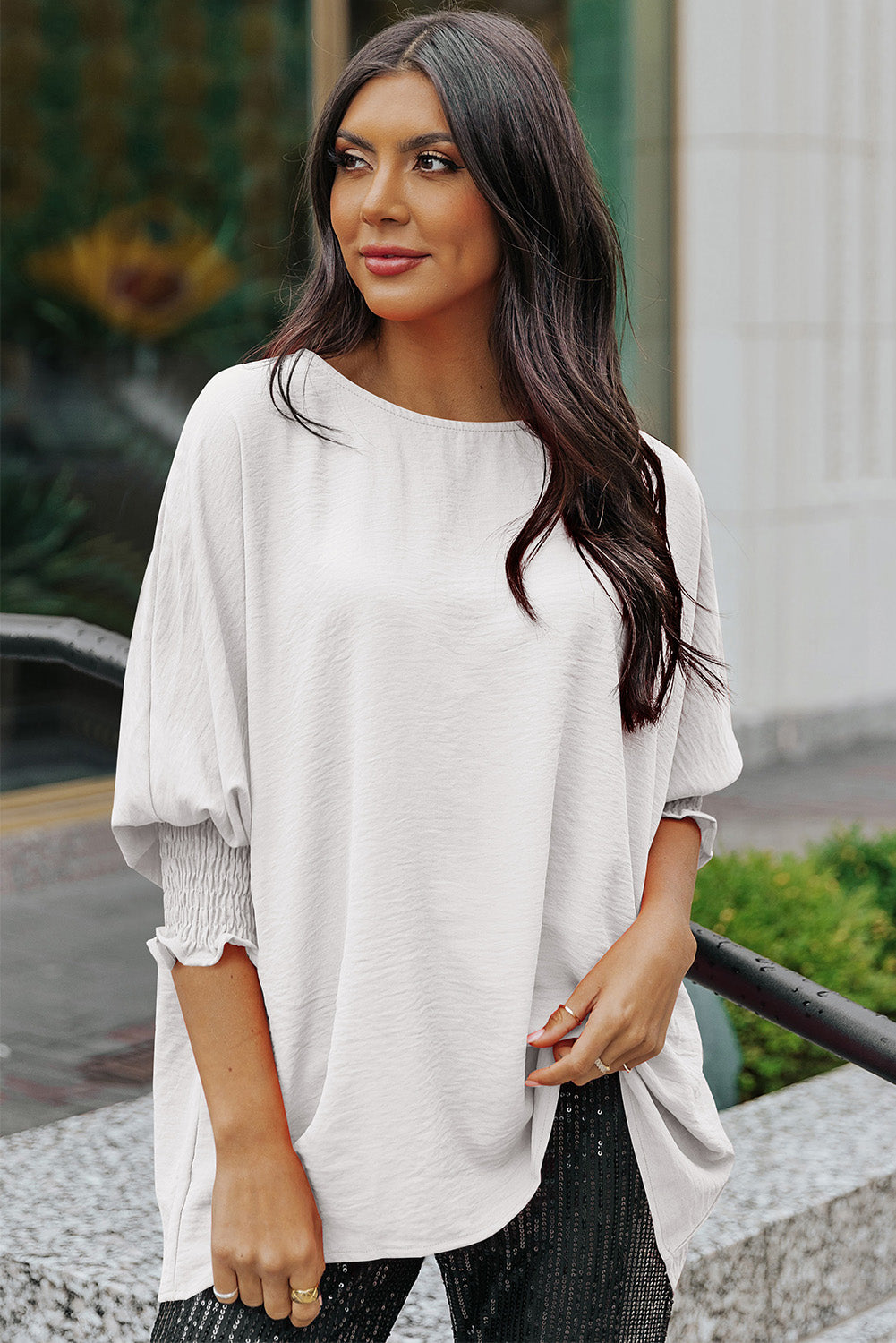 round neck dolman sleeve textured blouse