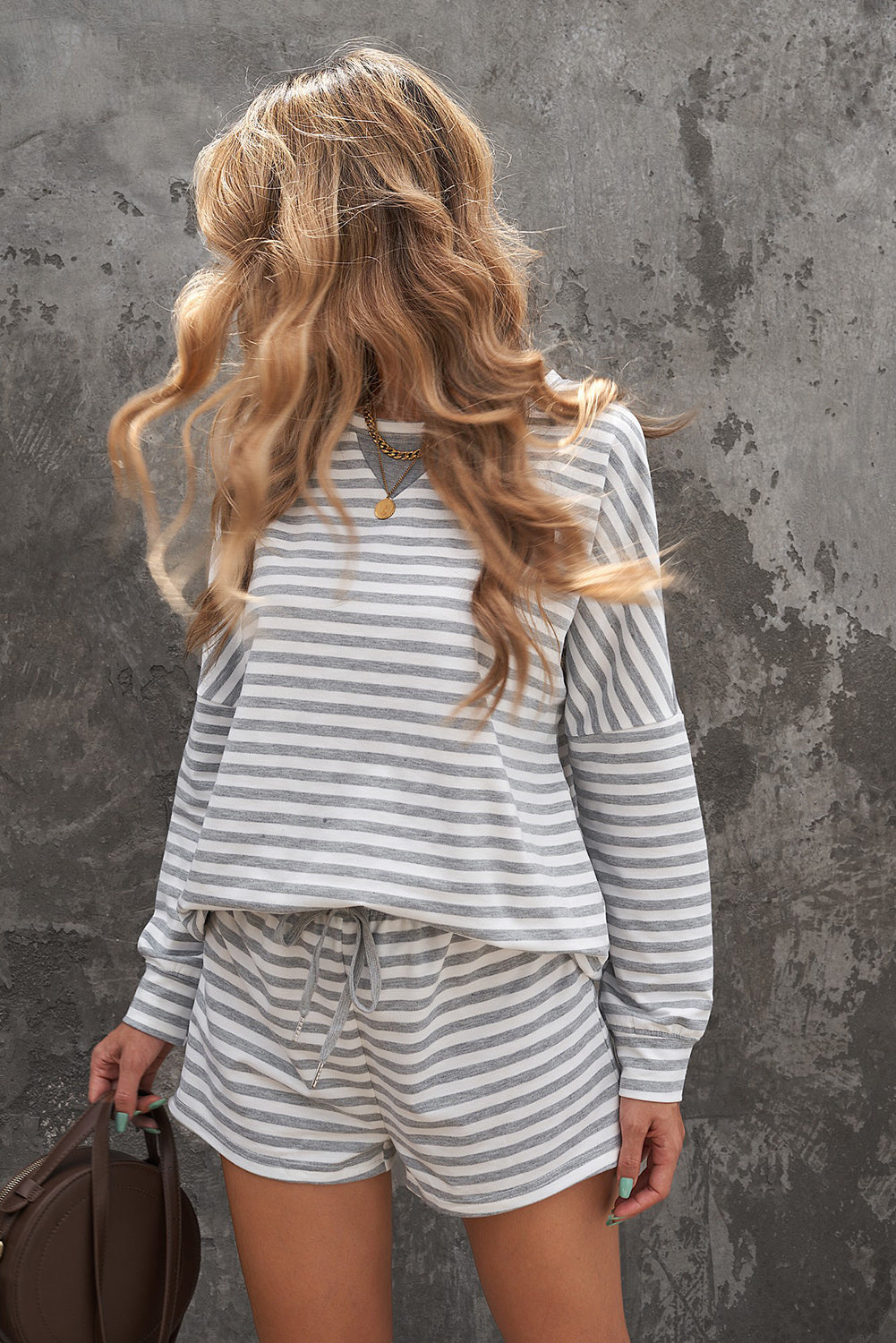 striped dropped shoulder top and shorts lounge set