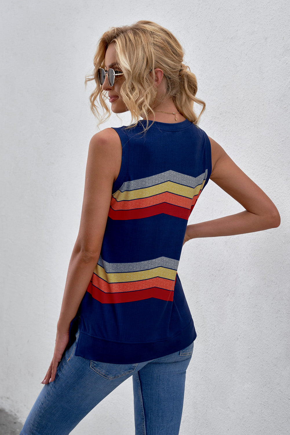printed side slit round neck tank