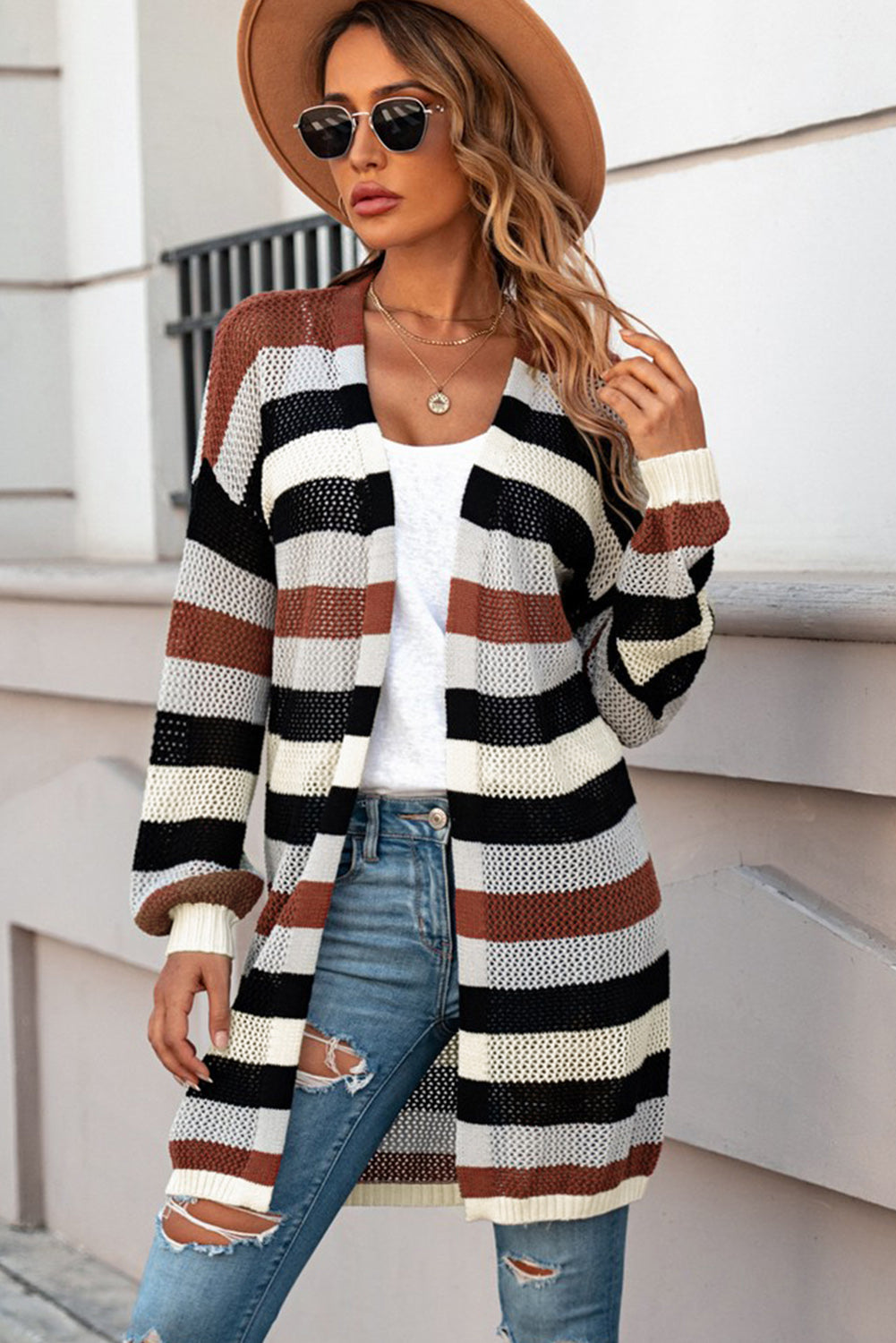full size striped long sleeve openwork cardigan