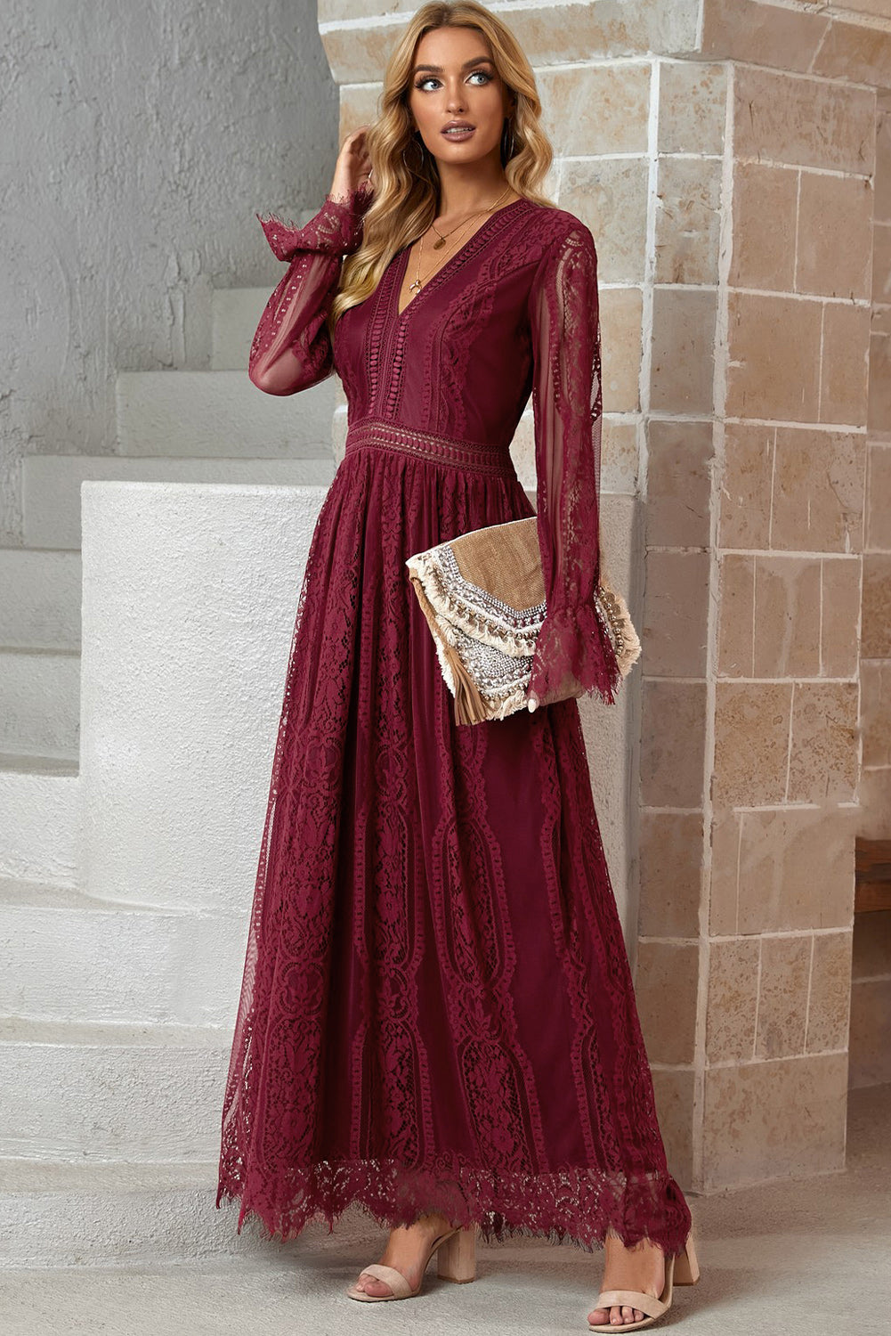 scalloped hem flounce sleeve lace v-neck maxi dress