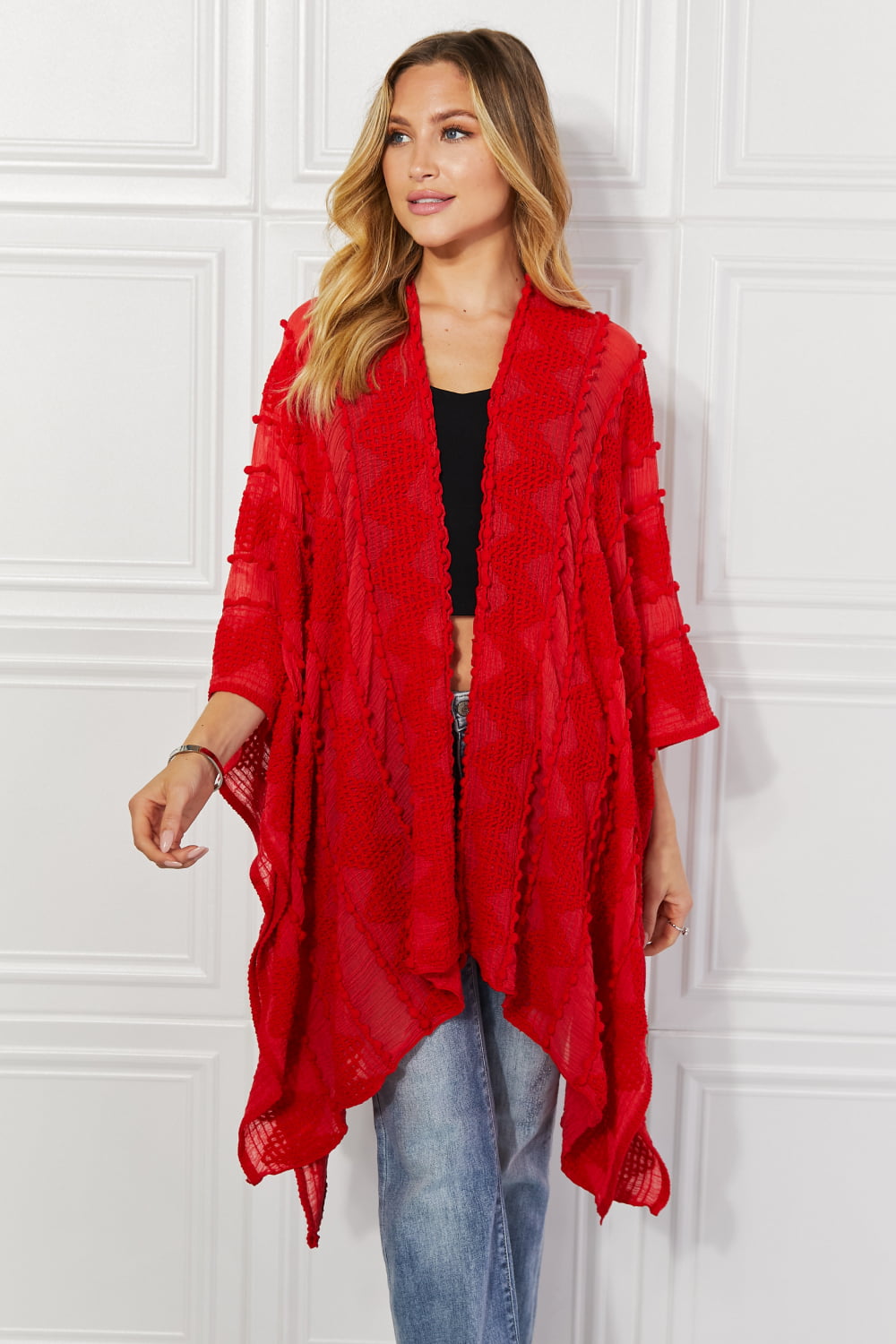 justin taylor pom-pom asymmetrical poncho cardigan in red