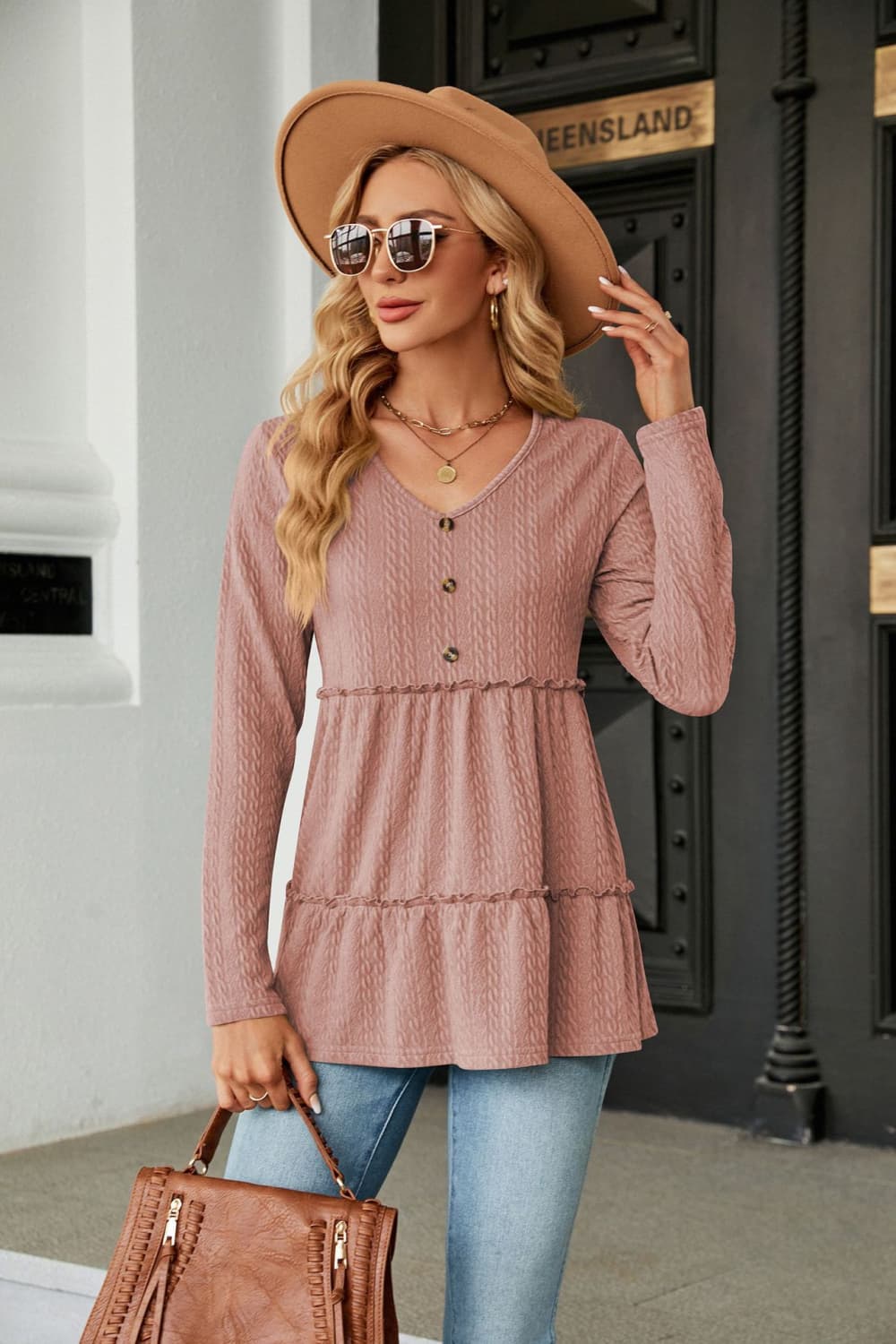 long sleeve v-neck cable-knit blouse