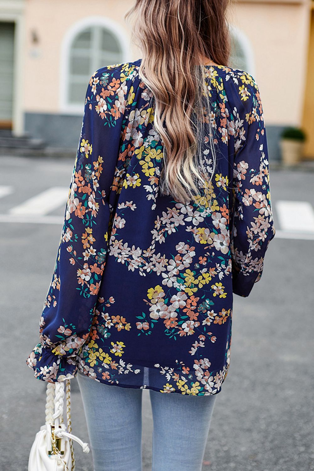floral print flounce sleeve blouse
