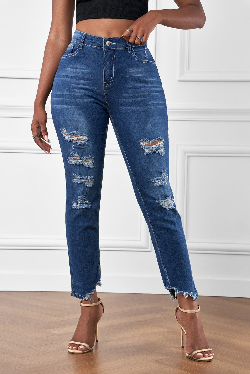 baeful high-rise distressed hem detail jeans