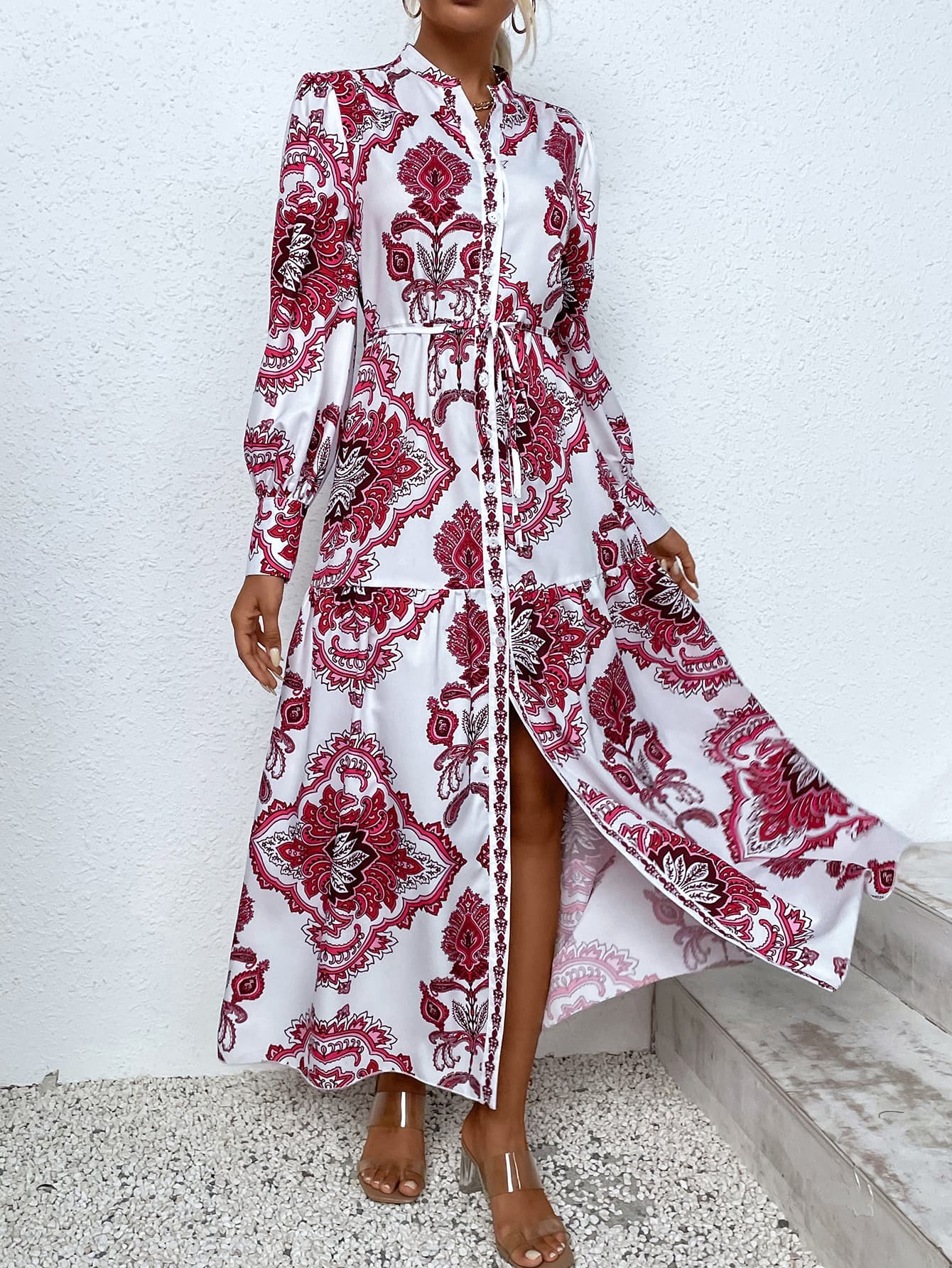 printed tie waist notched neck midi dress