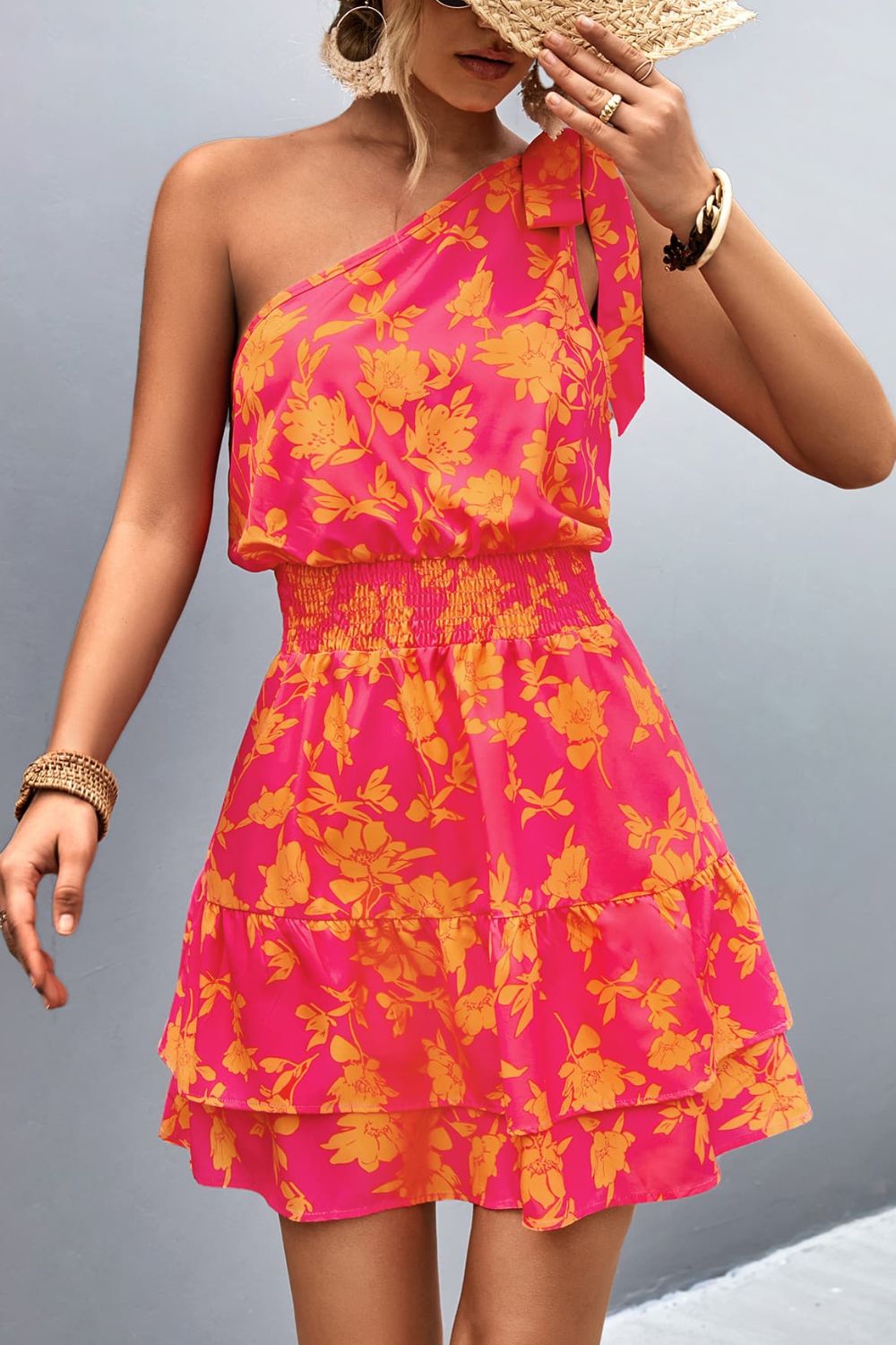 floral smocked waist tied one-shoulder dress