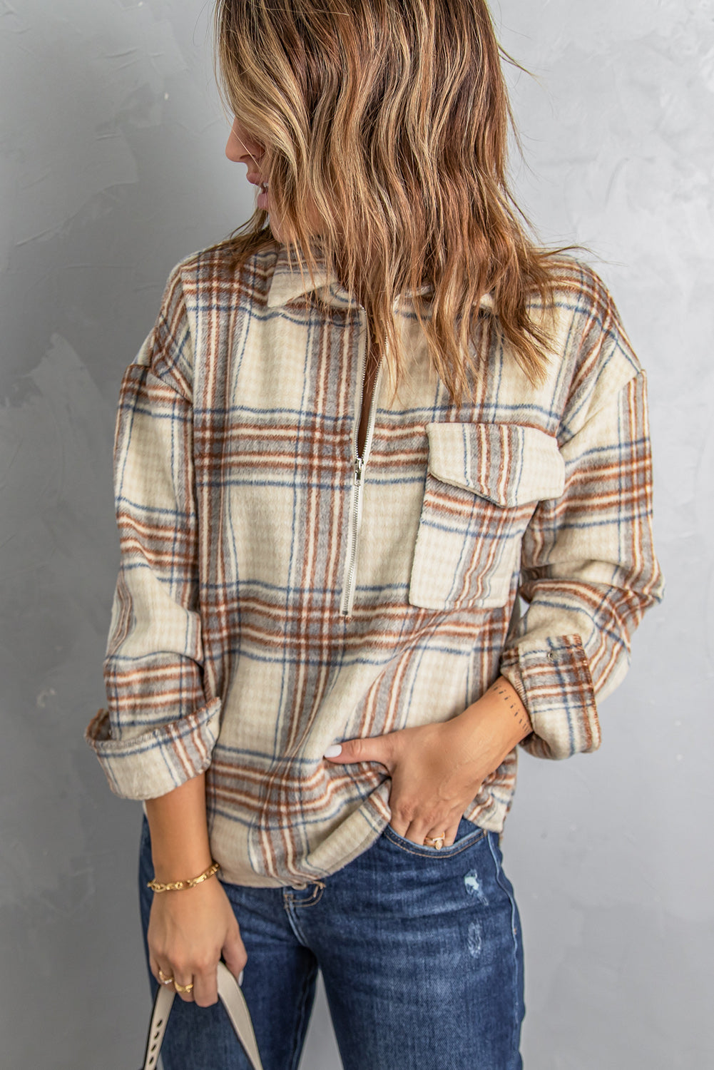 double take plaid half-zip collared curved hem sweatshirt