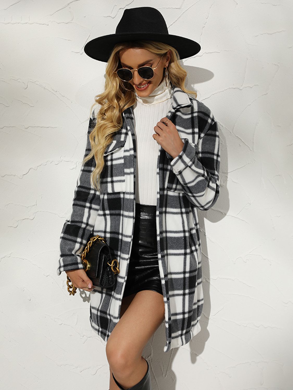 plaid collared longline coat