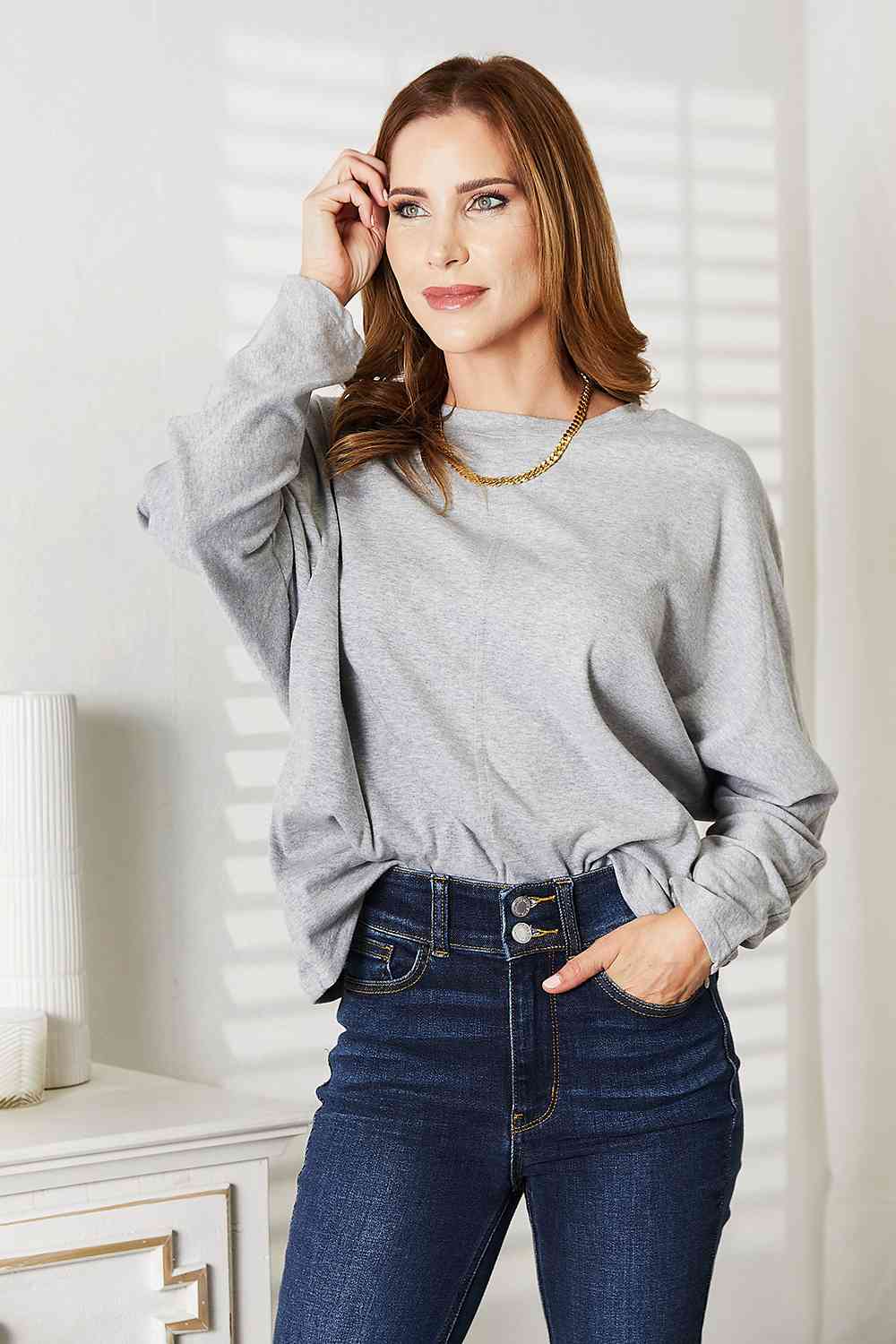 double take seam detail round neck long sleeve top