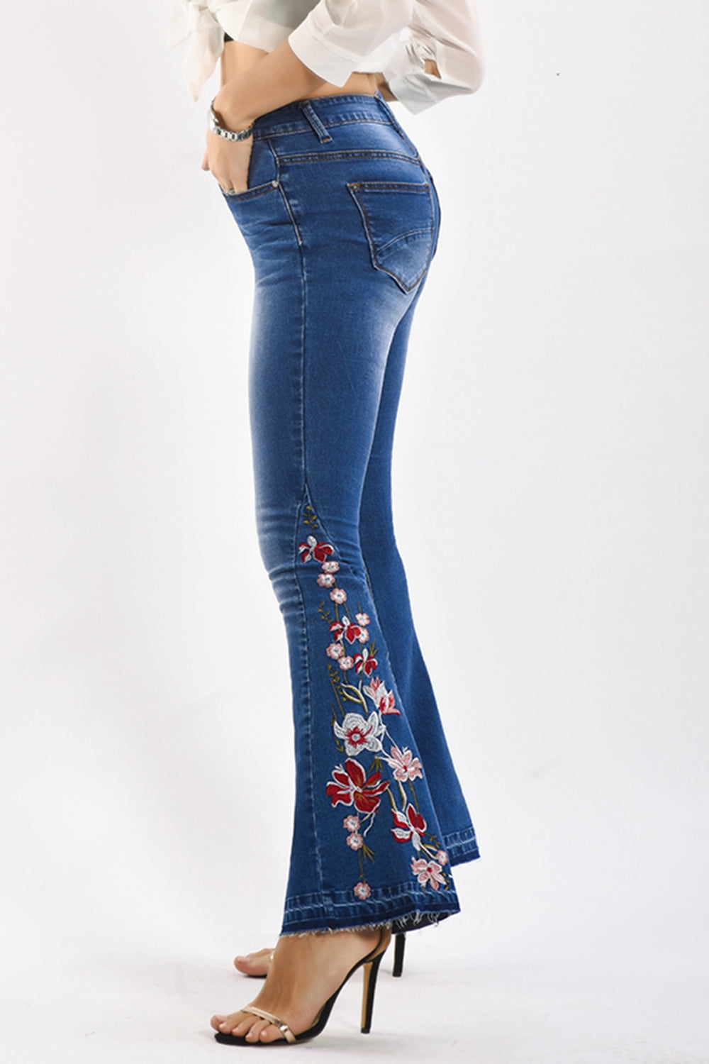 full size flower embroidery wide leg jeans