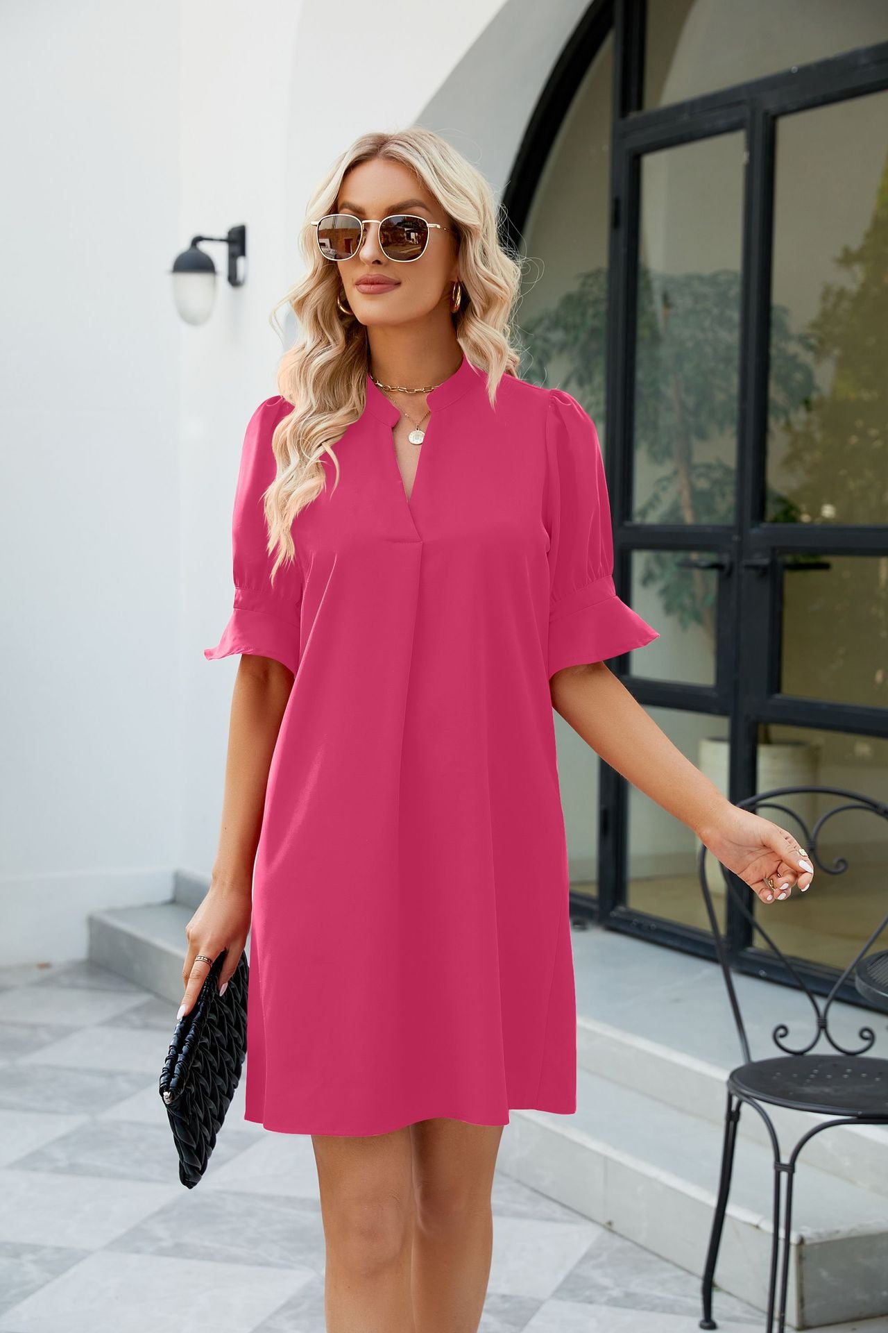 notched neck flounce sleeve mini dress