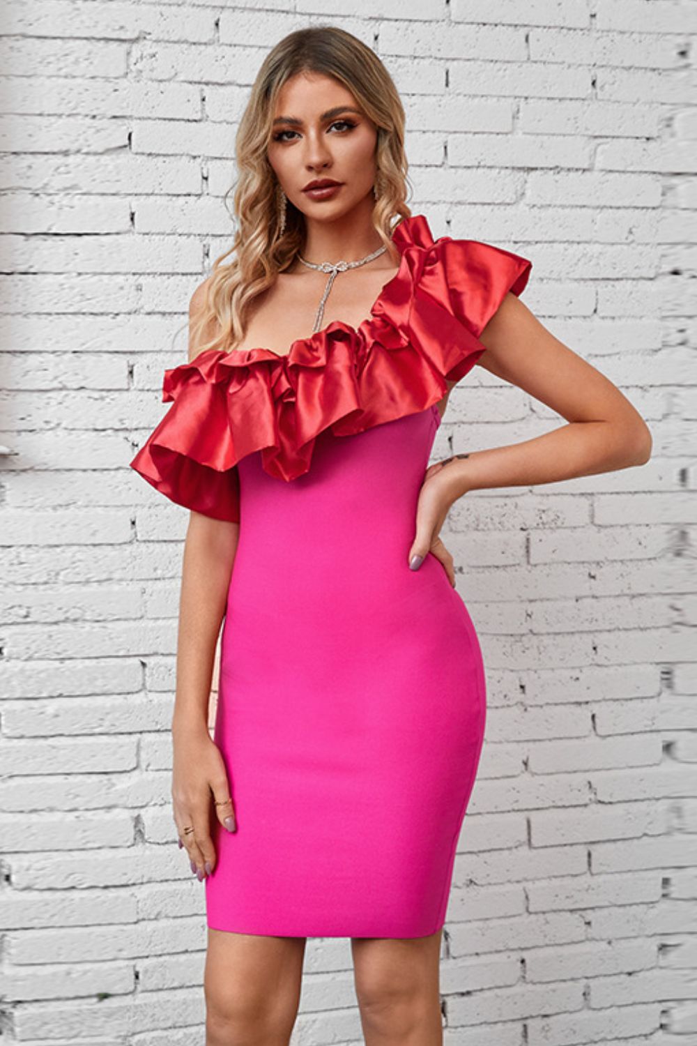 ruffled one-shoulder bodycon dress