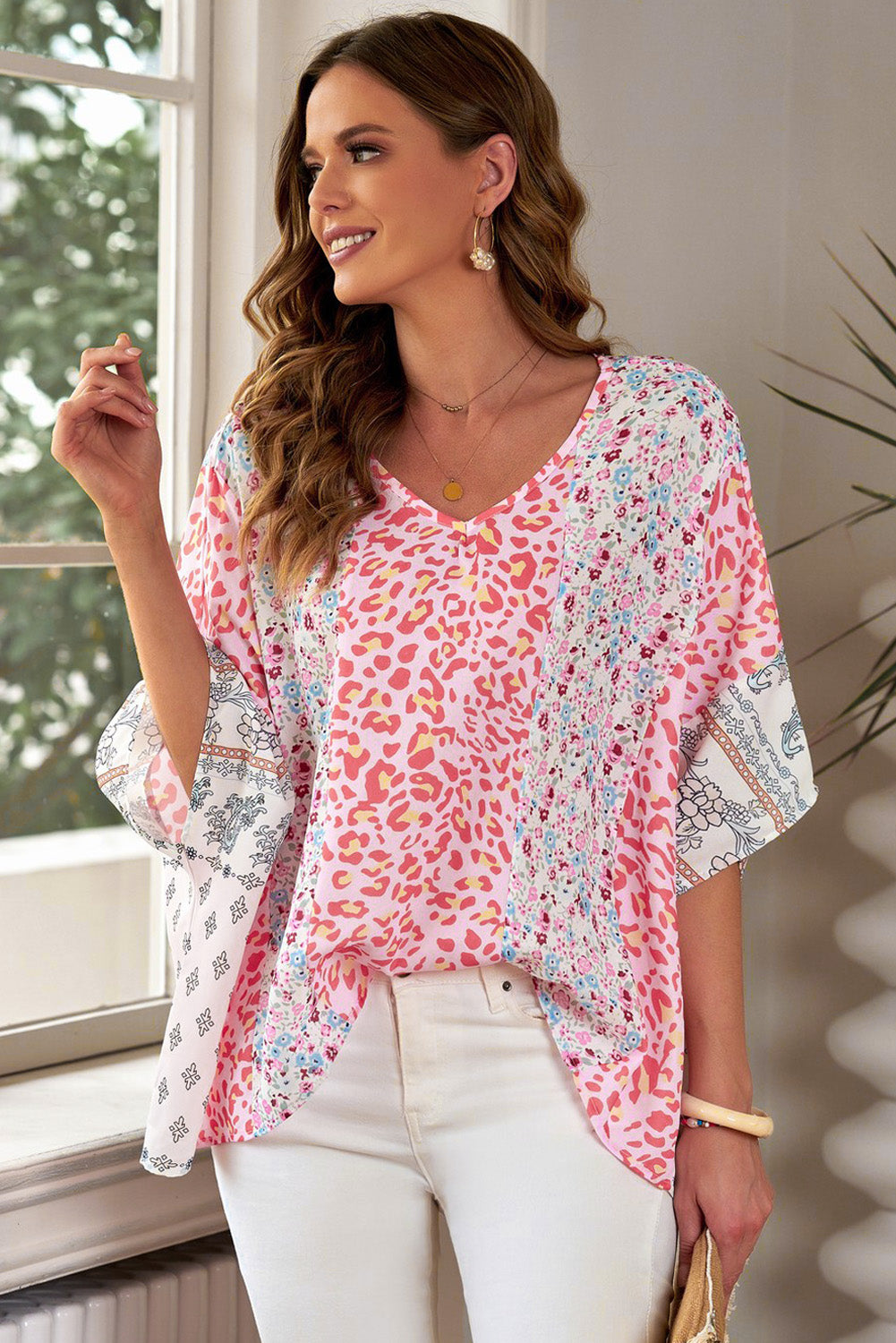 mixed print v-neck blouse