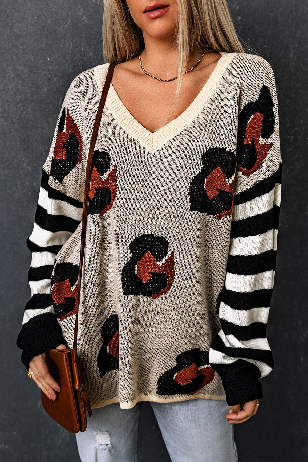 striped v-neck drop shoulder sweater