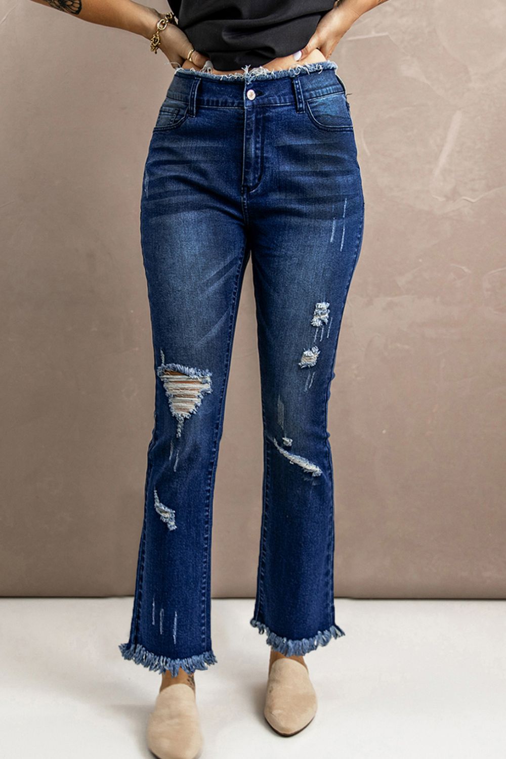 baeful high waist distressed raw hem jeans