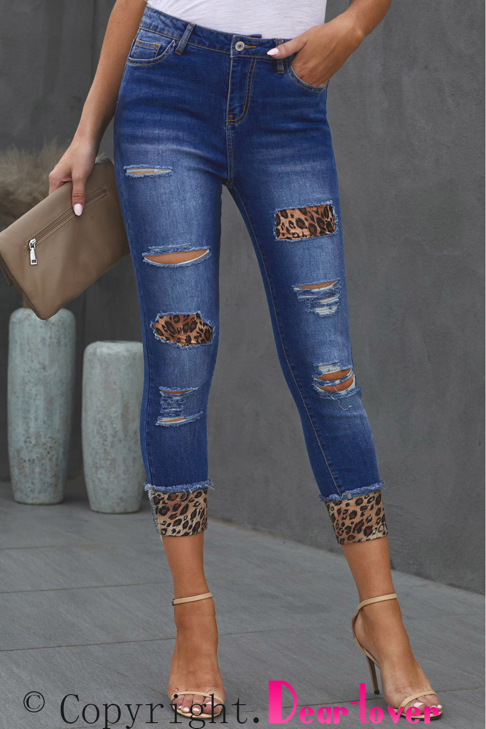 baeful leopard patch distressed cropped jeans