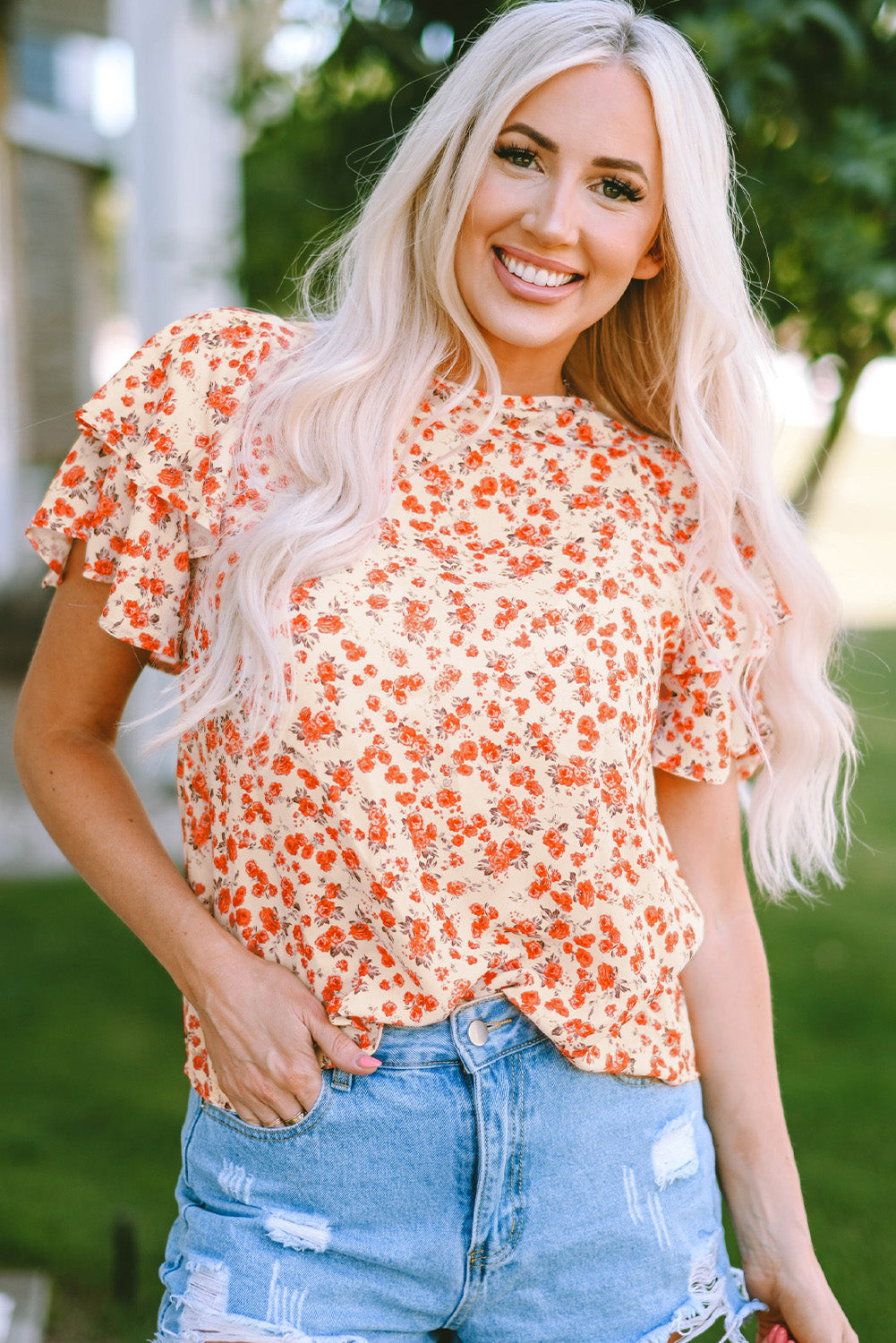 floral round neck flutter sleeve blouse