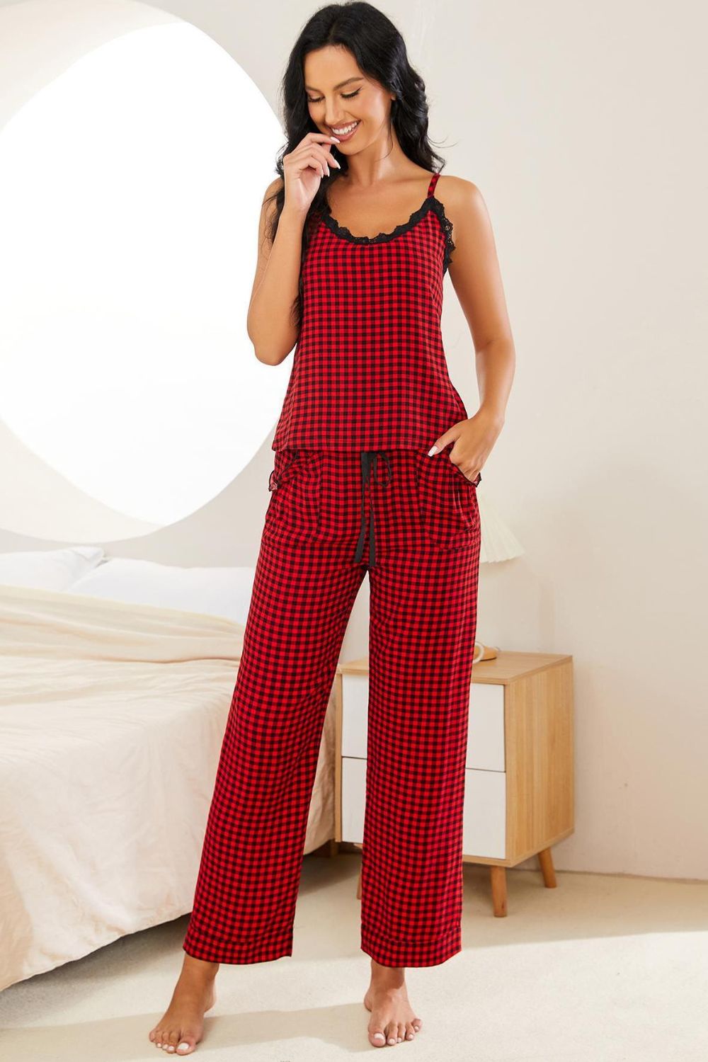 plaid lace trim cami and drawstring pants pajama set