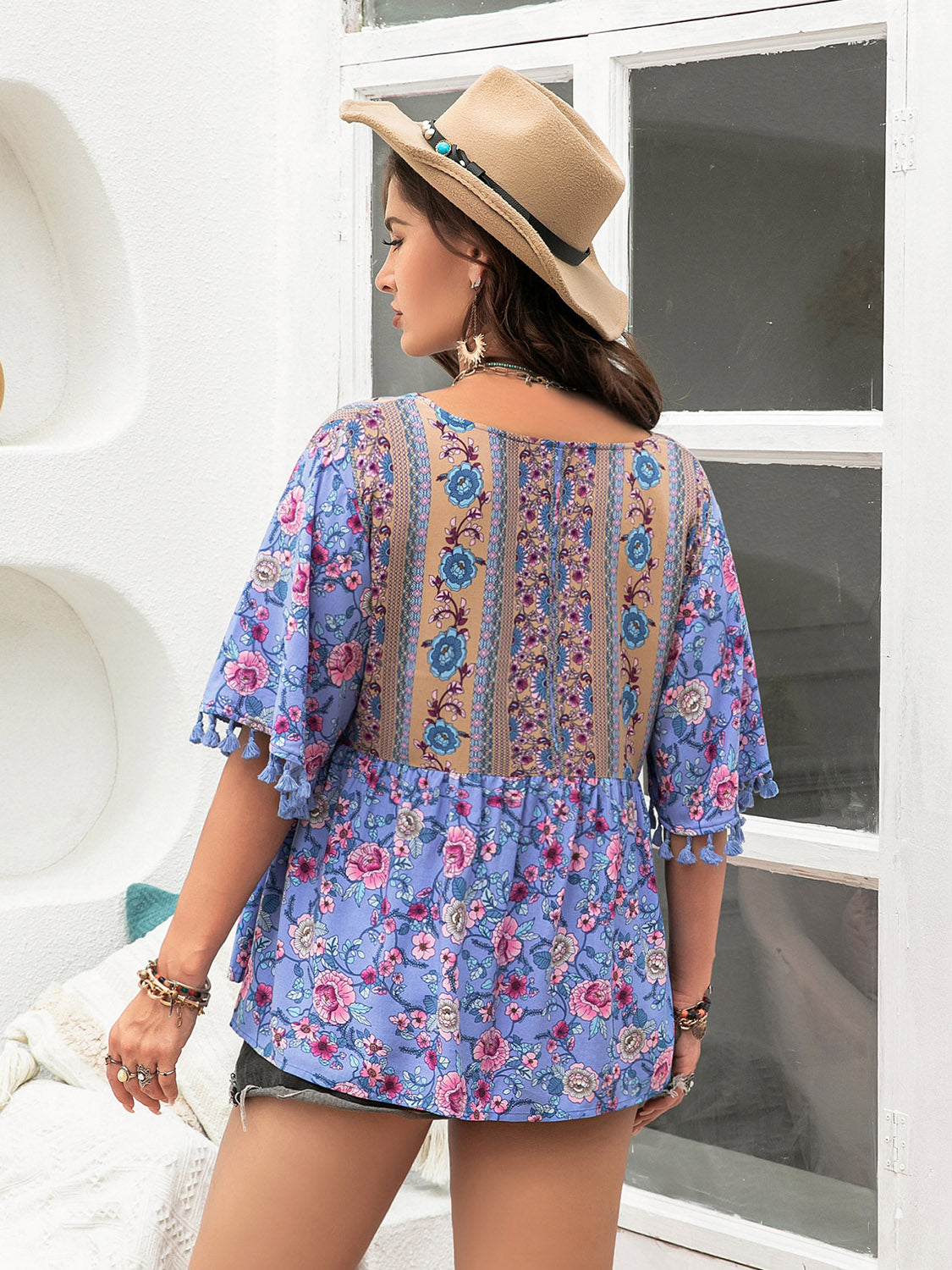 plus size printed v-neck half sleeve blouse