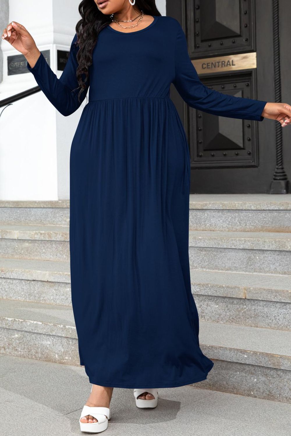 plus size round neck long sleeve maxi dress with pockets