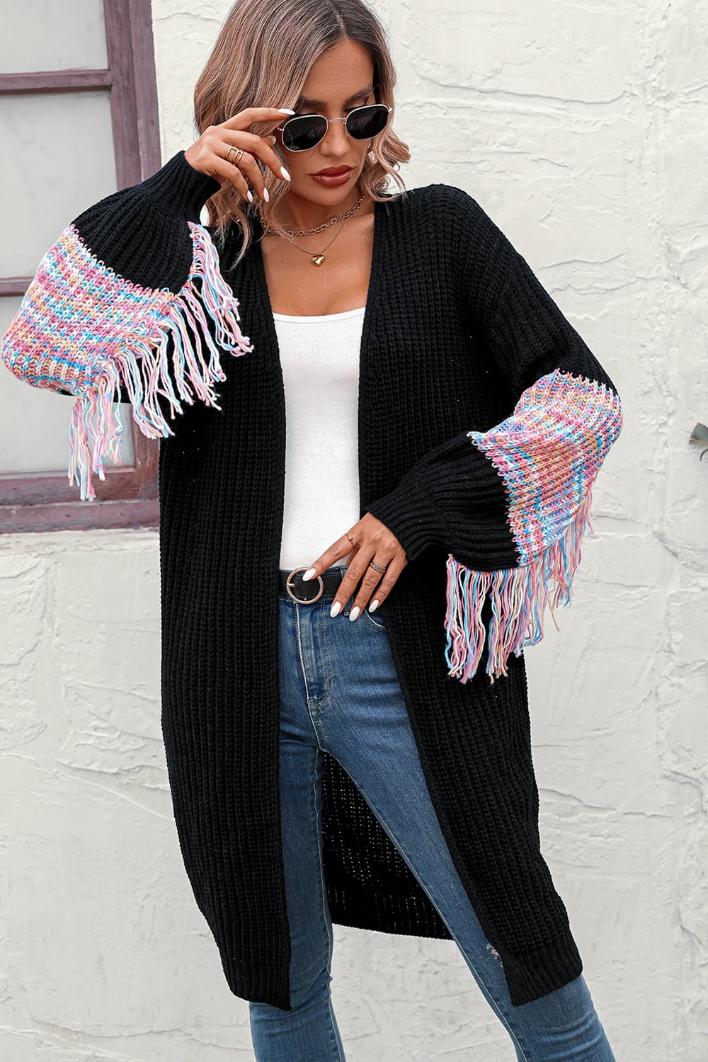 fringe sleeve dropped shoulder cardigan