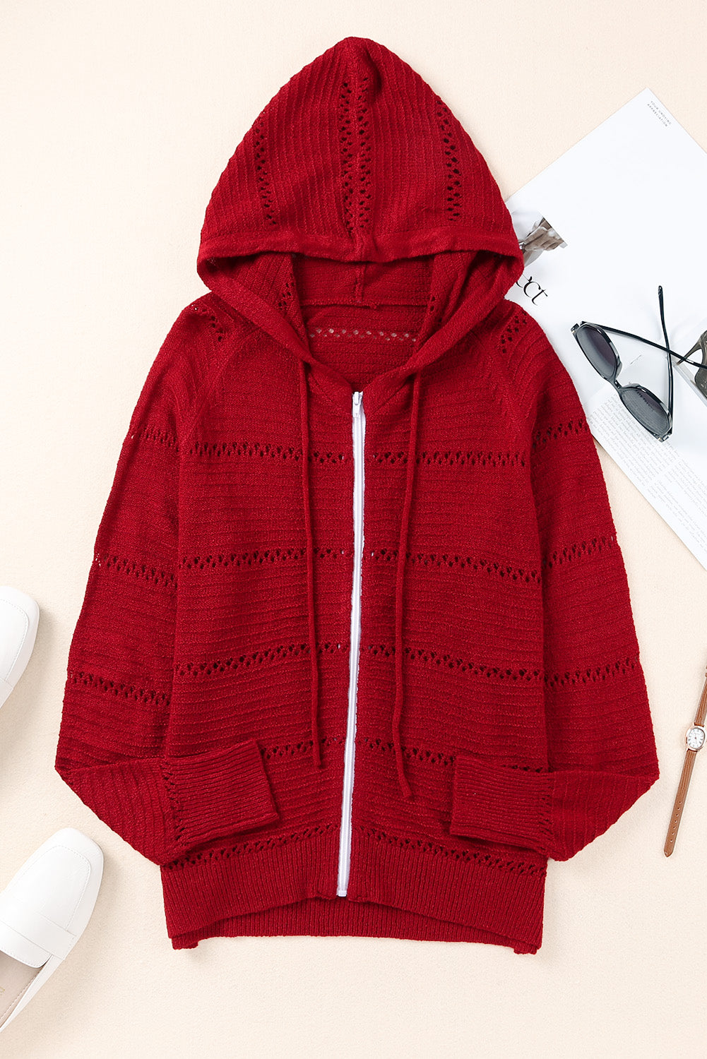 zip-up raglan sleeve openwork hooded cardigan