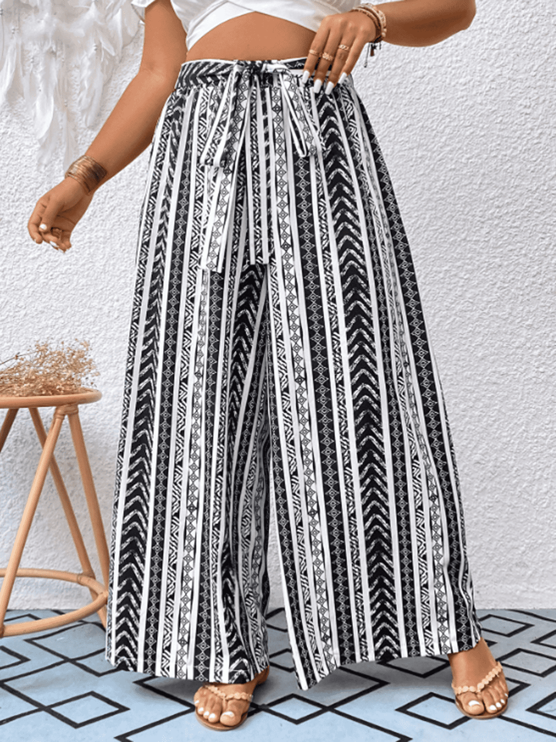 plus size striped tied wide leg pants