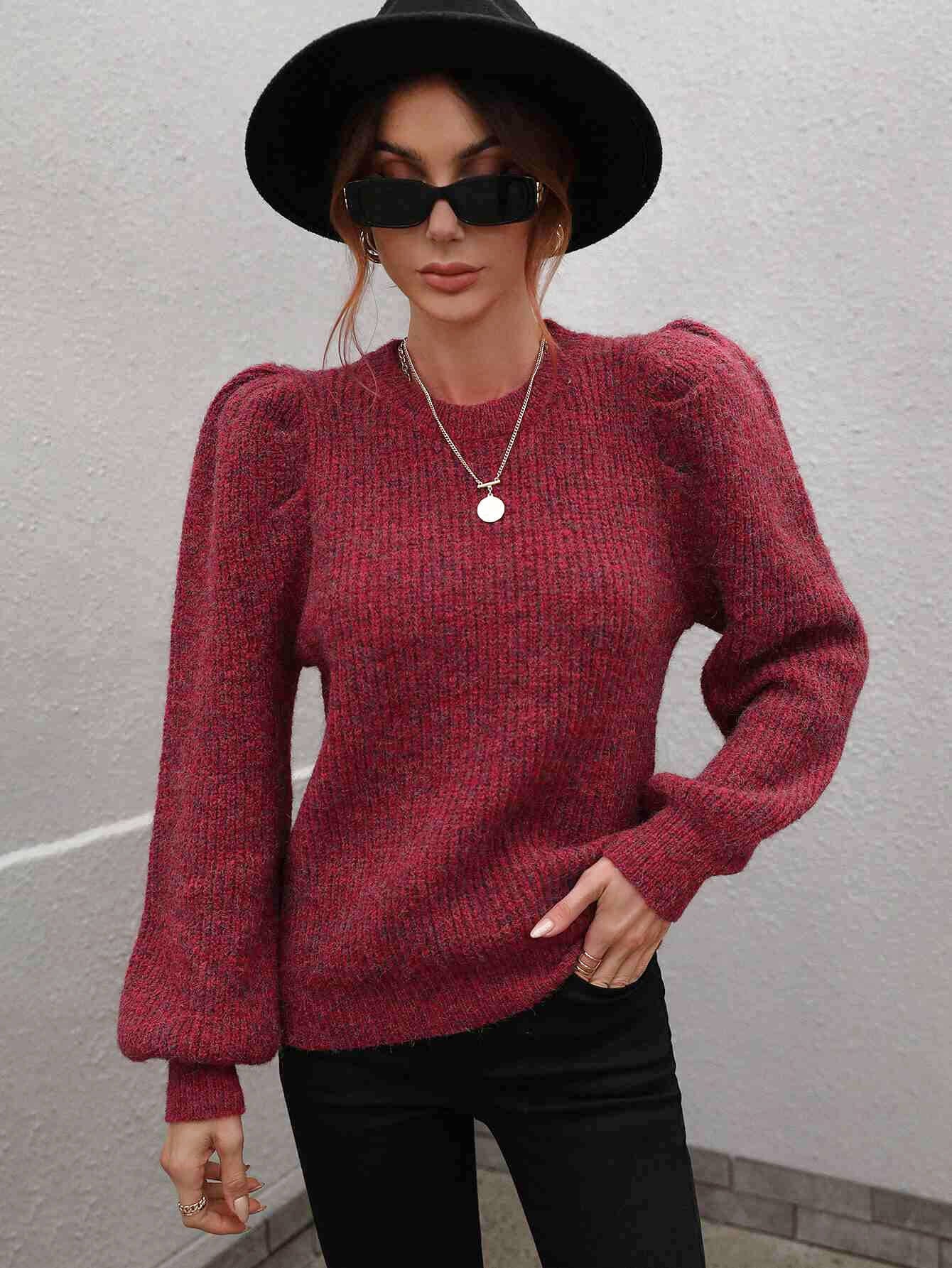 woven right heathered long lantern sleeve rib-knit sweater