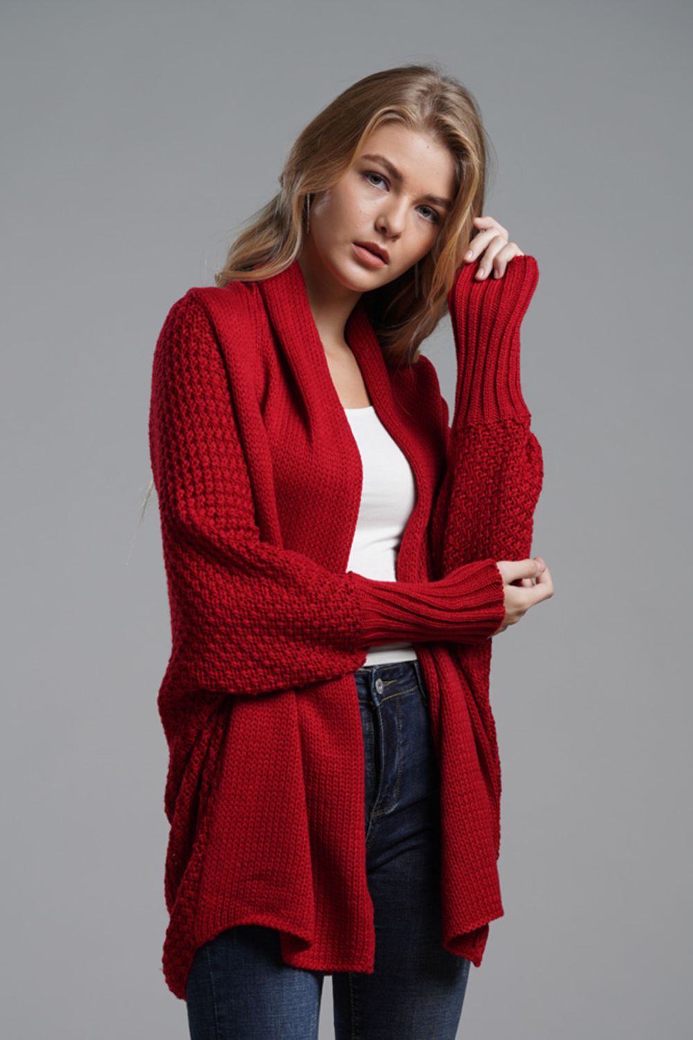 double take dolman sleeve open front ribbed trim longline cardigan