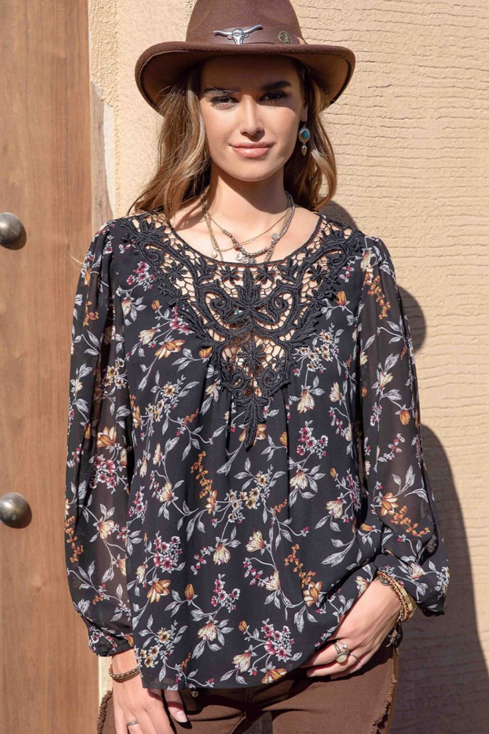 printed round neck long sleeve blouse