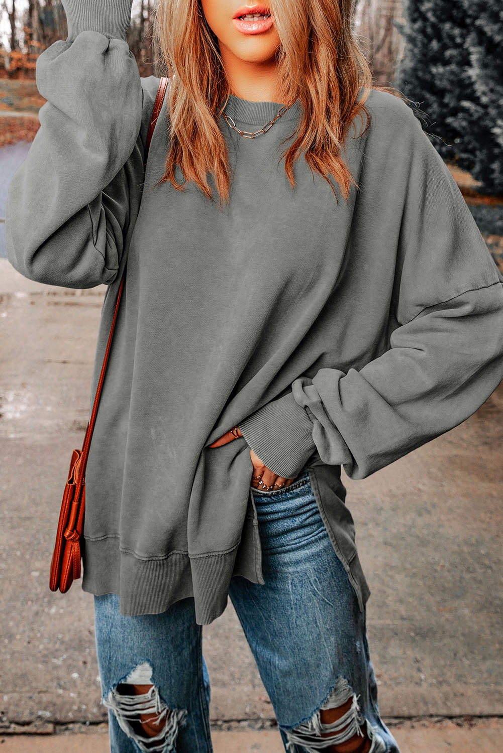 dropped shoulder round neck long sleeve blouse