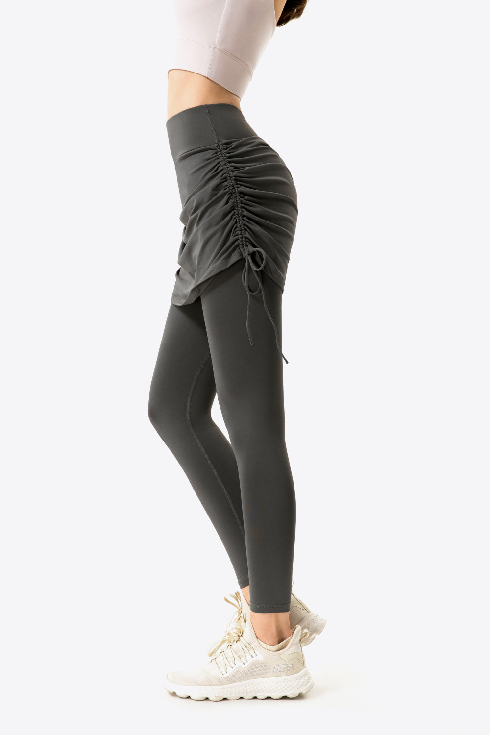 drawstring ruched faux layered yoga leggings