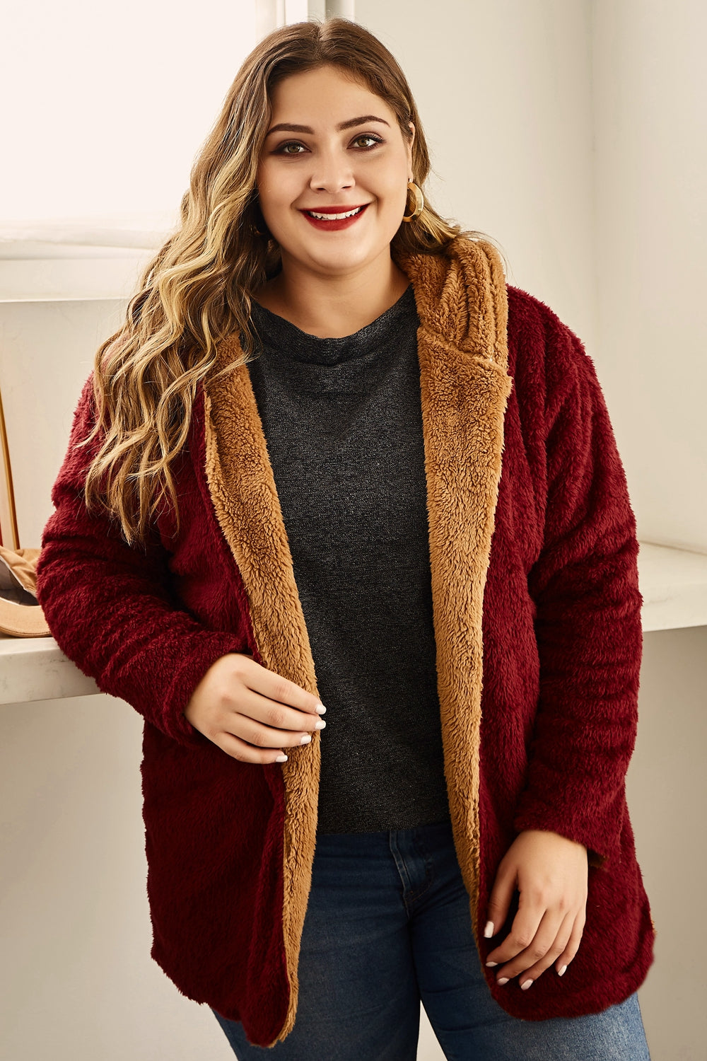 hanny plus size hooded longline teddy jacket