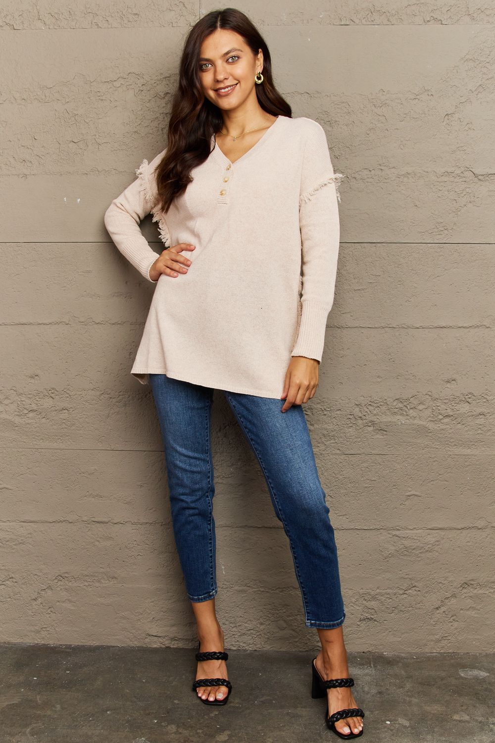 ninexis full size buttoned dropped shoulder raw hem pullover sweater
