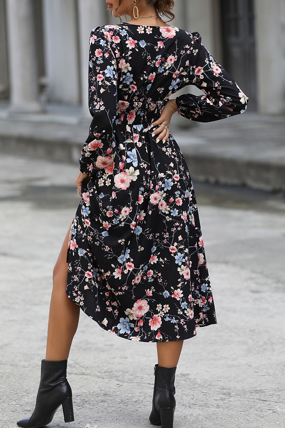 floral long sleeve surplice neck dress