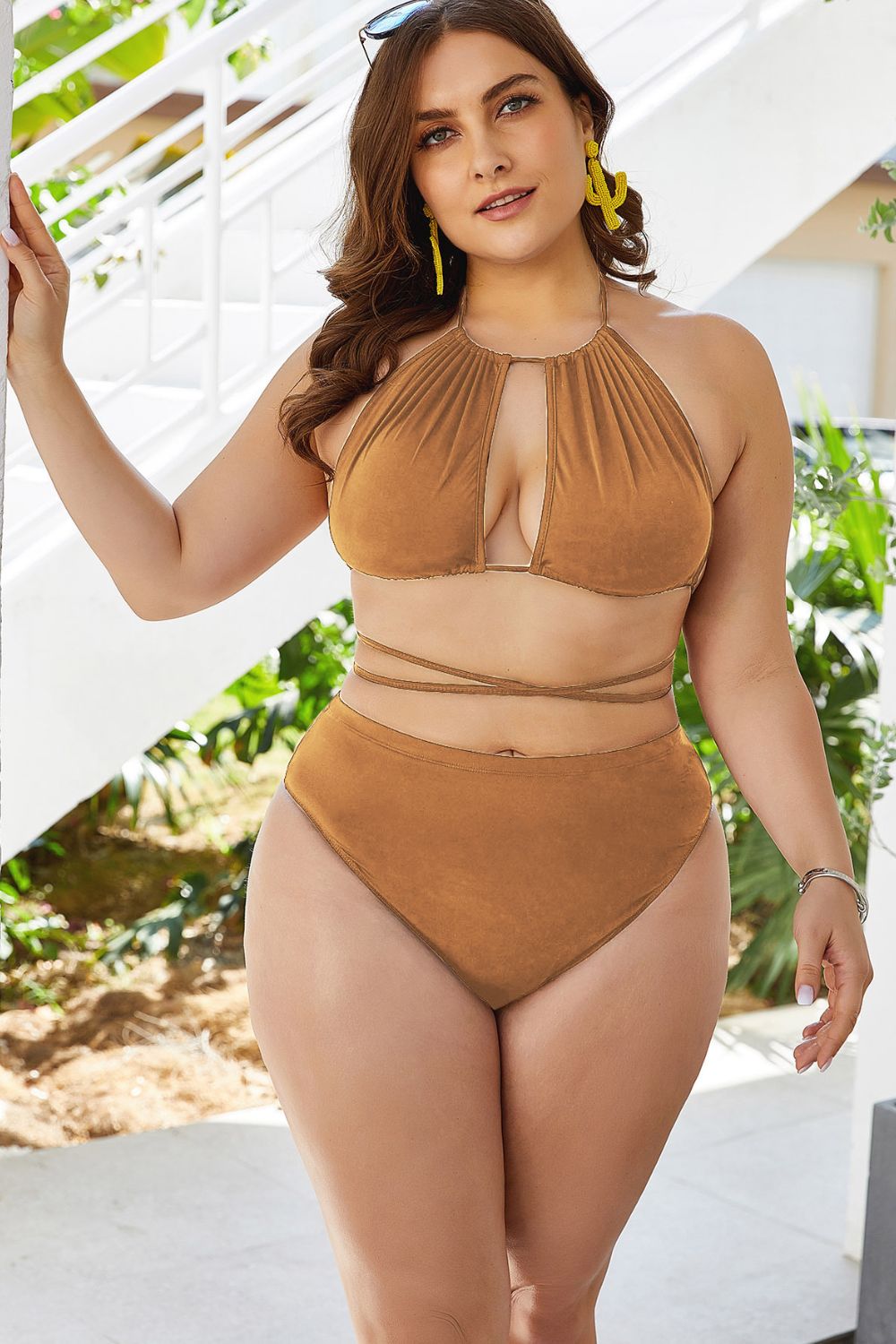 plus size cutout tied backless bikini set