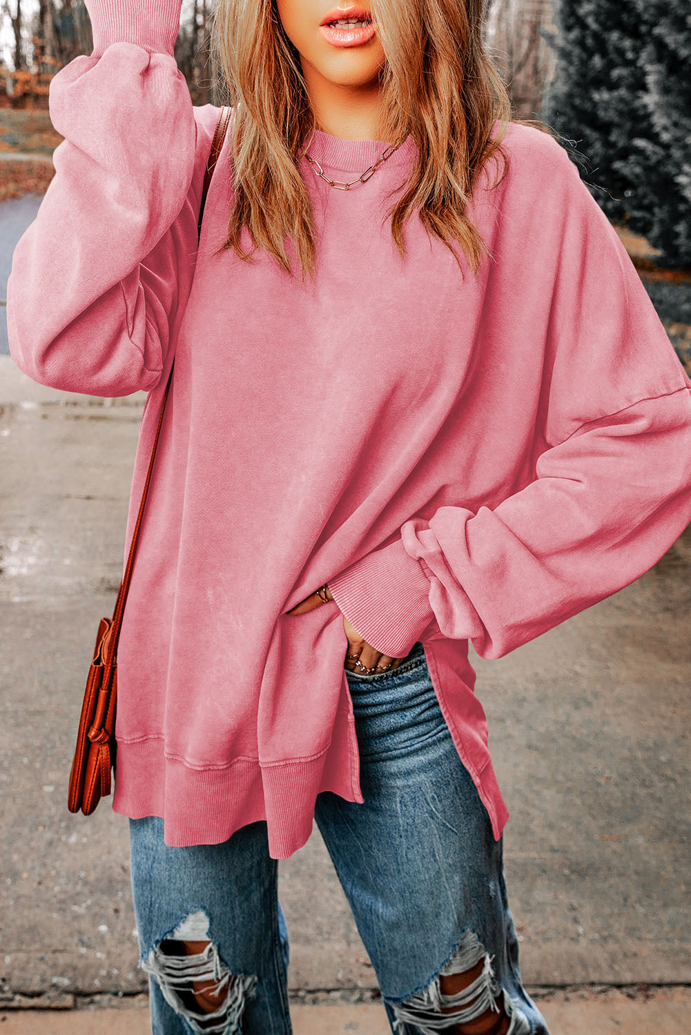dropped shoulder round neck long sleeve blouse