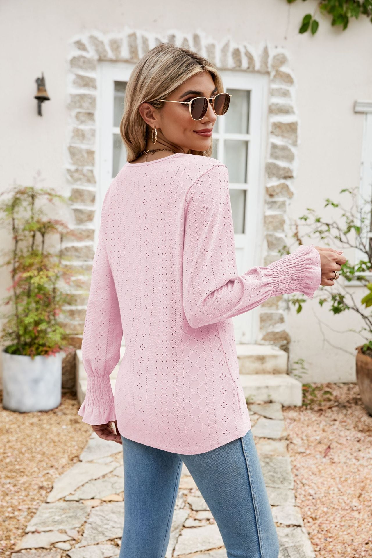 eyelet v-neck smocked flounce sleeve blouse